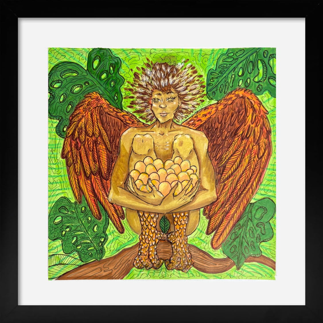 Farm art painting 'Pia, The Entrusted One' from the Punto Pio Saga, a 7x7 inch piece showing the Pia gathering eggs